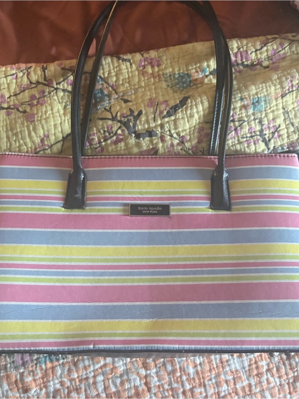 kate spade Striped Canvas Tote in Pink, Blue & Yellow with Black Handles